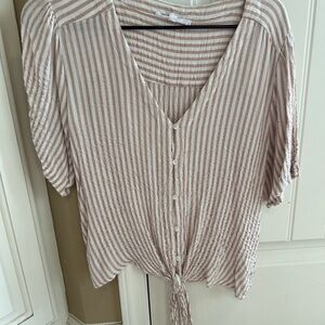 Tan and White Buttoned Tie-Front Blouse